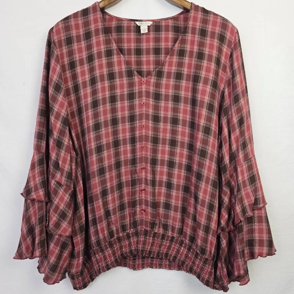 Cato Plaid Peasant Blouse 22/24W Ruffle Sleeve Pink - Picture 2 of 10
